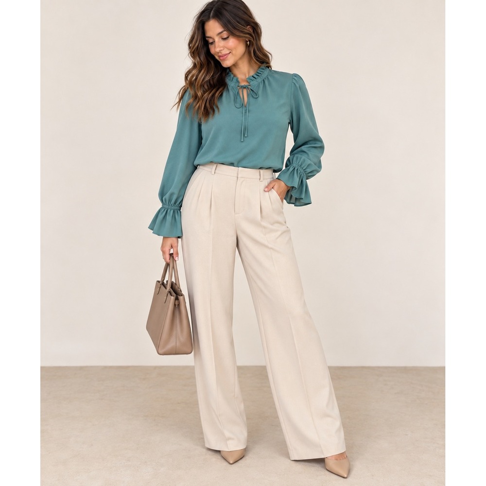 J.Crew Teal Green Ruffle Neck Tie Blouse Smocked Cuff Long Sleeve Top Size L